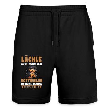 Hund Rottweiler - Stanley/Stella Unisex Bio Joggingshorts Trainer  - Schwarz - Vorne - Nik (191cm) & Marisol (170cm)