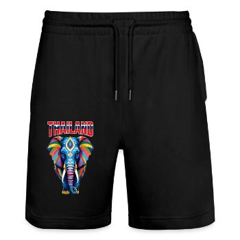 Colorful abstract elephant from Thailand - Stanley/Stella Trainer Unisex Organic Jogging Shorts - black - Front - Nik (191cm) & Marisol (170cm)