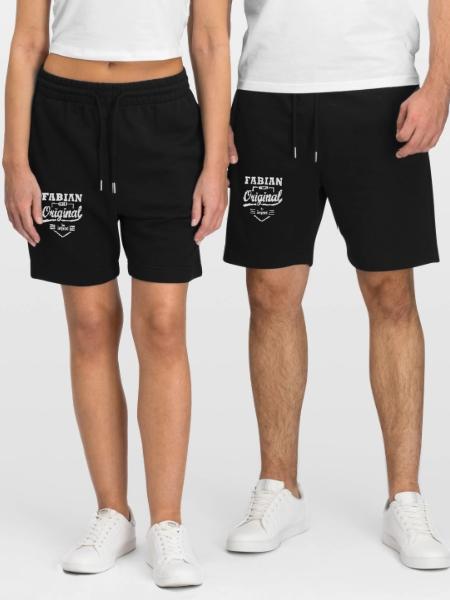 Fabian original gift personalized first name fabian - Stanley/Stella Trainer Unisex Organic Jogging Shorts - black - Front - Nik (191cm) & Marisol (170cm)
