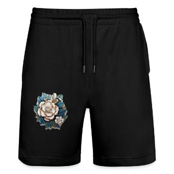 White flowers - Stanley/Stella Trainer Unisex Organic Jogging Shorts - black - Front - Nik (191cm) & Marisol (170cm)