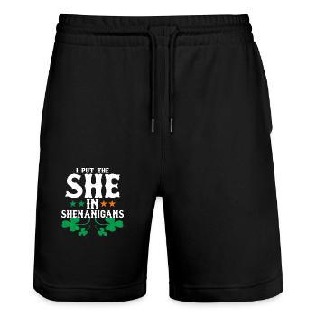 J’ai mis la femme dans des manigances - Short de jogging bio TRAINER Stanley/Stella unisexe - noir - Devant - Nik (191cm) & Marisol (170cm)