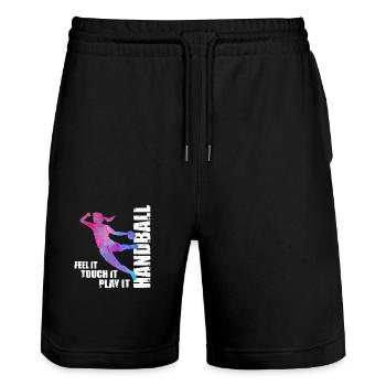 Frauen und Mädchen Handball Geschenkidee - Stanley/Stella Unisex Bio Joggingshorts Trainer  - Schwarz - Vorne - Nik (191cm) & Marisol (170cm)