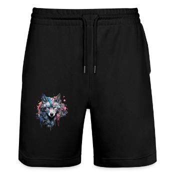 Wolf Design Wolfkopf in bunten Farben Wolfsrudel - Stanley/Stella Unisex Bio Joggingshorts Trainer  - Schwarz - Vorne - Nik (191cm) & Marisol (170cm)