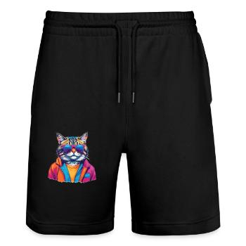 MADFOXX - Cool Colorful Cat - Stanley/Stella Unisex Bio Joggingshorts Trainer  - Schwarz - Vorne - Nik (191cm) & Marisol (170cm)
