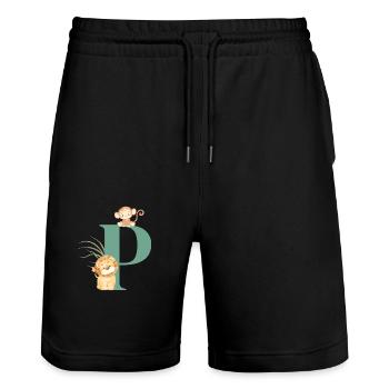 Buchstabe p grüne Dschungeltiere - Stanley/Stella Unisex Bio Joggingshorts Trainer  - Schwarz - Vorne - Nik (191cm) & Marisol (170cm)