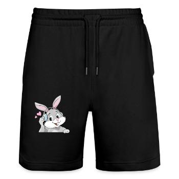 Lächelnder Hase, Musik über Kopfhörer hören - Stanley/Stella Unisex Bio Joggingshorts Trainer  - Schwarz - Vorne - Nik (191cm) & Marisol (170cm)