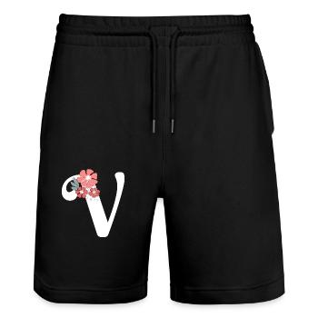 Buchstabe v minimalistische Blumen - Stanley/Stella Unisex Bio Joggingshorts Trainer  - Schwarz - Vorne - Nik (191cm) & Marisol (170cm)