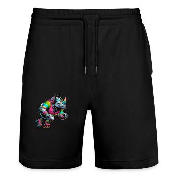 Colorful illustration of a rhinoceros - Stanley/Stella Trainer Unisex Organic Jogging Shorts - black - Front - Nik (191cm) & Marisol (170cm)