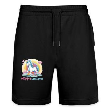 Happy Unicorn Cheerful Kids Unicorn Logo - Stanley/Stella Trainer Unisex Organic Jogging Shorts - black - Front - Nik (191cm) & Marisol (170cm)