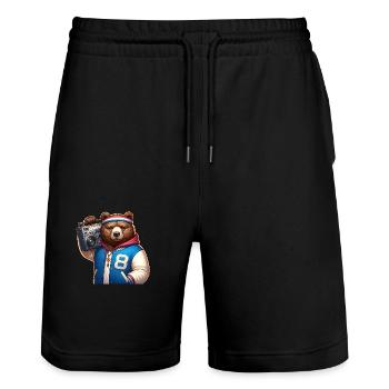 Stylized illustration of a cool bear - Stanley/Stella Trainer Unisex Organic Jogging Shorts - black - Front - Nik (191cm) & Marisol (170cm)