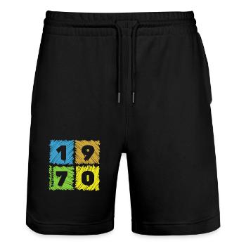 55. Geburtstag Farbige Patches since 09/1970 - Stanley/Stella Unisex Bio Joggingshorts Trainer  - Schwarz - Vorne - Nik (191cm) & Marisol (170cm)