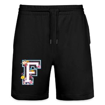 Letter F in varsity style - Stanley/Stella Trainer Unisex Organic Jogging Shorts - black - Front - Nik (191cm) & Marisol (170cm)