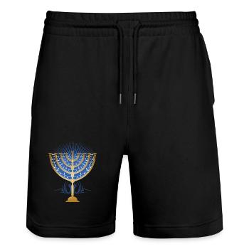goldfarbener Hanukkah Leuchter mit blauen Strahlen - Stanley/Stella Unisex Bio Joggingshorts Trainer  - Schwarz - Vorne - Nik (191cm) & Marisol (170cm)