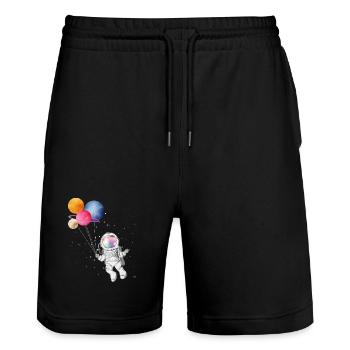 Astronaut with colorful planets as balloons - Stanley/Stella Trainer Unisex Organic Jogging Shorts - black - Front - Nik (191cm) & Marisol (170cm)