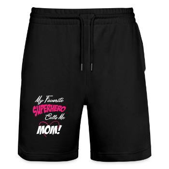 Mon super-héros préféré m’appelle maman - Short de jogging bio TRAINER Stanley/Stella unisexe - noir - Devant - Nik (191cm) & Marisol (170cm)