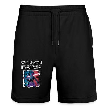 My name is Olivia 2026 - Stanley/Stella Trainer Unisex Organic Jogging Shorts - black - Front - Nik (191cm) & Marisol (170cm)