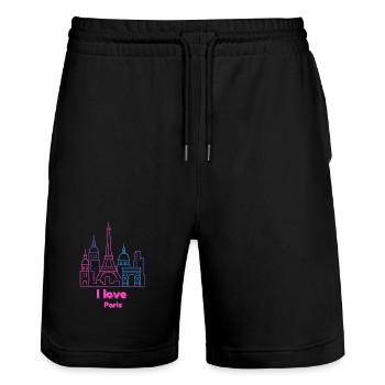 Paris Neon Skyline Silhouette Hauptstadt  - Stanley/Stella Unisex Bio Joggingshorts Trainer  - Schwarz - Vorne - Nik (191cm) & Marisol (170cm)