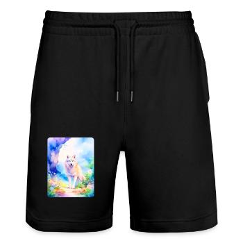 Loup blanc entouré de fleurs - Short de jogging bio TRAINER Stanley/Stella unisexe - noir - Devant - Nik (191cm) & Marisol (170cm)