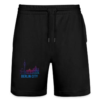 Berlin City Neon Skyline Silhouette Illustration - Stanley/Stella Trainer Unisex Organic Jogging Shorts - black - Front - Nik (191cm) & Marisol (170cm)