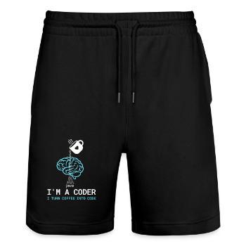 Coder T-Shirt: Coffee into Code – Nerdy Programmie - Stanley/Stella Unisex Bio Joggingshorts Trainer  - Schwarz - Vorne - Nik (191cm) & Marisol (170cm)