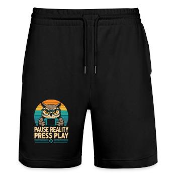 Break Reality Press Play Gamer Owl - Stanley/Stella Trainer Unisex Organic Jogging Shorts - black - Front - Nik (191cm) & Marisol (170cm)