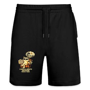 I need 6 months of vacation, 2x a year – Cool Cat - Stanley/Stella Trainer Unisex Organic Jogging Shorts - black - Front - Nik (191cm) & Marisol (170cm)