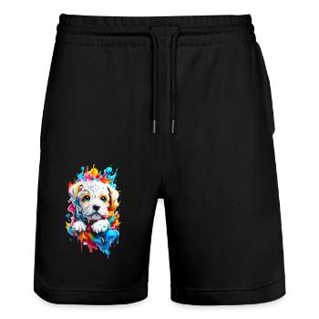Cute puppy with colorful paint splashes - Stanley/Stella Trainer Unisex Organic Jogging Shorts - black - Front - Nik (191cm) & Marisol (170cm)