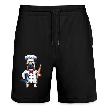 Chef-Chef Pug in the kitchen - Stanley/Stella Trainer Unisex Organic Jogging Shorts - black - Front - Nik (191cm) & Marisol (170cm)