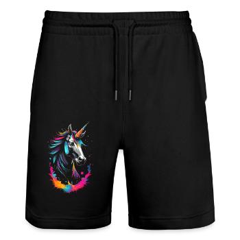 Colorful neon unicorn - a dream landscape - Stanley/Stella Trainer Unisex Organic Jogging Shorts - black - Front - Nik (191cm) & Marisol (170cm)