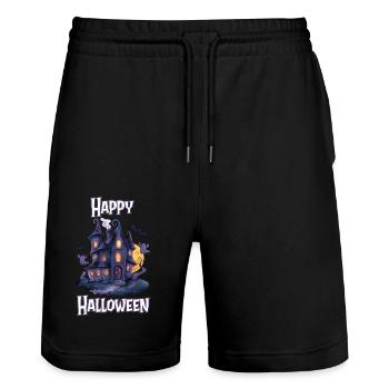 Halloween – Happy Halloween gruseliges Geisterhaus - Stanley/Stella Unisex Bio Joggingshorts Trainer  - Schwarz - Vorne - Nik (191cm) & Marisol (170cm)