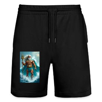 Poséidon, puissant dieu de la mer avec trident, vagues - Short de jogging bio TRAINER Stanley/Stella unisexe - noir - Devant - Nik (191cm) & Marisol (170cm)