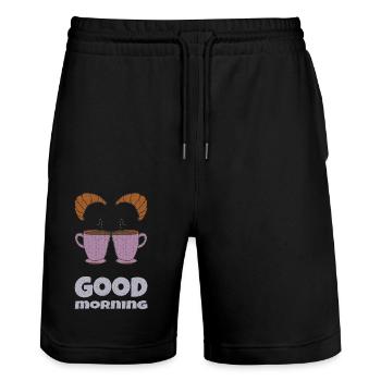 Good Morning 2 Cups - Stanley/Stella Trainer Unisex Organic Jogging Shorts - black - Front - Nik (191cm) & Marisol (170cm)