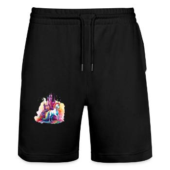 Einhorn Regenbogen Schloss Bunt Magie Fantasie - Stanley/Stella Unisex Bio Joggingshorts Trainer  - Schwarz - Vorne - Nik (191cm) & Marisol (170cm)