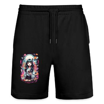 Anime e-Girl Sushi Goth Pastel Streetwear - Stanley/Stella Trainer Unisex Organic Jogging Shorts - black - Front - Nik (191cm) & Marisol (170cm)