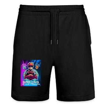 Spruch Gaming is our Passion Worldwide Fun T-Shirt - Stanley/Stella Unisex Bio Joggingshorts Trainer  - Schwarz - Vorne - Nik (191cm) & Marisol (170cm)