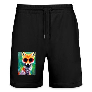 Neon fox with red sunglasses - Stanley/Stella Trainer Unisex Organic Jogging Shorts - black - Front - Nik (191cm) & Marisol (170cm)