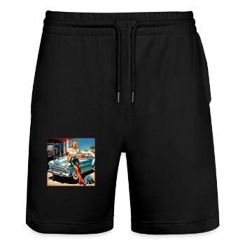 Retro Pinup am Oldtimer - Stanley/Stella Unisex Bio Joggingshorts Trainer  - Schwarz - Vorne - Nik (191cm) & Marisol (170cm)
