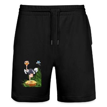 Whimsical Stork with Fly and Nature Elements - Stanley/Stella Trainer Unisex Organic Jogging Shorts - black - Front - Nik (191cm) & Marisol (170cm)