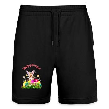 Cute Easter bunny with colorful eggs - Stanley/Stella Trainer Unisex Organic Jogging Shorts - black - Front - Nik (191cm) & Marisol (170cm)