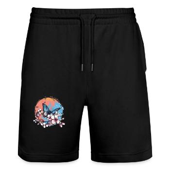 Blauer Schmetterling auf Blütenzweig – Künstler - Stanley/Stella Unisex Bio Joggingshorts Trainer  - Schwarz - Vorne - Nik (191cm) & Marisol (170cm)