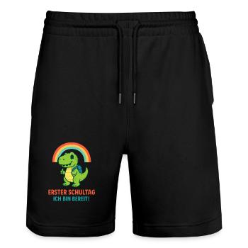 Erster Schultag | Dino mit Ranzen & Regenbogen - Stanley/Stella Unisex Bio Joggingshorts Trainer  - Schwarz - Vorne - Nik (191cm) & Marisol (170cm)
