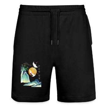 Korean Seollal Design – Cranes and Sun - Stanley/Stella Unisex Bio Joggingshorts Trainer  - Schwarz - Vorne - Nik (191cm) & Marisol (170cm)