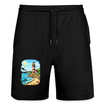 Phare sur la plage côtière ensoleillée - Short de jogging bio TRAINER Stanley/Stella unisexe - noir - Devant - Nik (191cm) & Marisol (170cm)