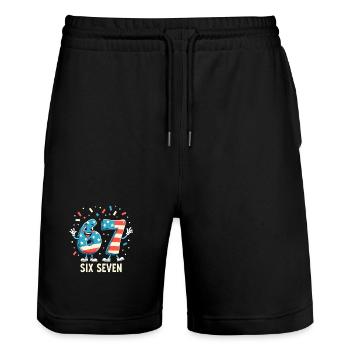 US Flag 67 Memes Six Seven - Stanley/Stella Unisex Bio Joggingshorts Trainer  - Schwarz - Vorne - Nik (191cm) & Marisol (170cm)