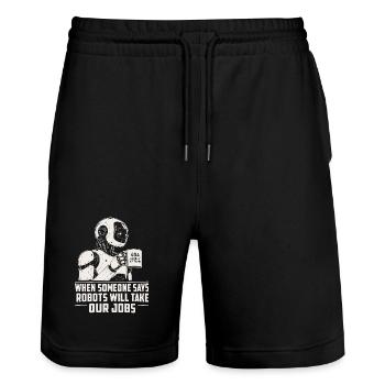 Roboter 404: Roboter übernehmen unsere Jobs - Stanley/Stella Unisex Bio Joggingshorts Trainer  - Schwarz - Vorne - Nik (191cm) & Marisol (170cm)
