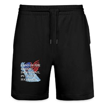 Funny Land Of The Freeze America Wortspiel USA Geschenk Spaß - Stanley/Stella Unisex Bio Joggingshorts Trainer  - Schwarz - Vorne - Nik (191cm) & Marisol (170cm)