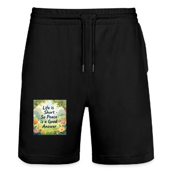 Life is Short Peace is a Good Answer - Stanley/Stella Trainer Unisex Organic Jogging Shorts - black - Front - Nik (191cm) & Marisol (170cm)