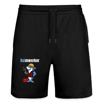 Haimwerker – Lustiger Hai Handwerker - Stanley/Stella Unisex Bio Joggingshorts Trainer  - Schwarz - Vorne - Nik (191cm) & Marisol (170cm)
