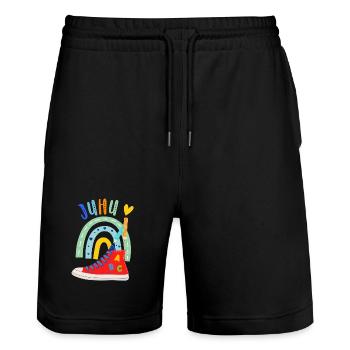 Schulkind  - Stanley/Stella Unisex Bio Joggingshorts Trainer  - Schwarz - Vorne - Nik (191cm) & Marisol (170cm)