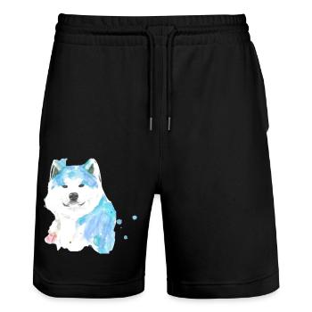 husky, chien, peinture, aquarelle, bleu - Short de jogging bio TRAINER Stanley/Stella unisexe - noir - Devant - Nik (191cm) & Marisol (170cm)